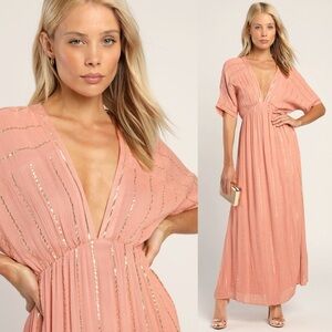 NWT Lulus Goddess Vibes Rusty Rose Gold Striped Dolman Sleeve Maxi Dress | Large
